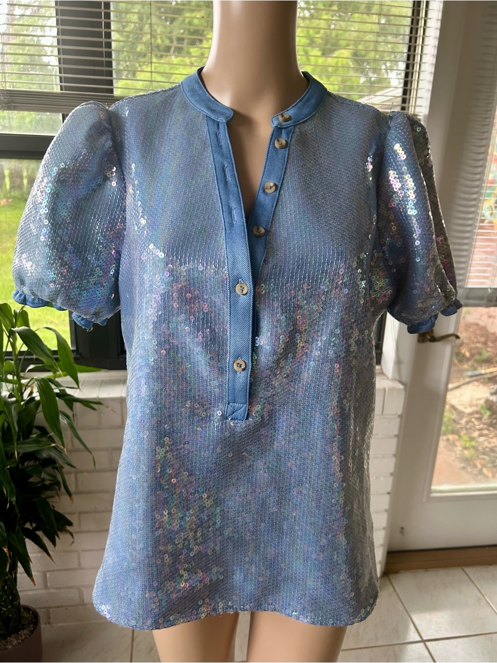 Pilcro Iridescent Blue Sequin Puff-Sleeve Top
